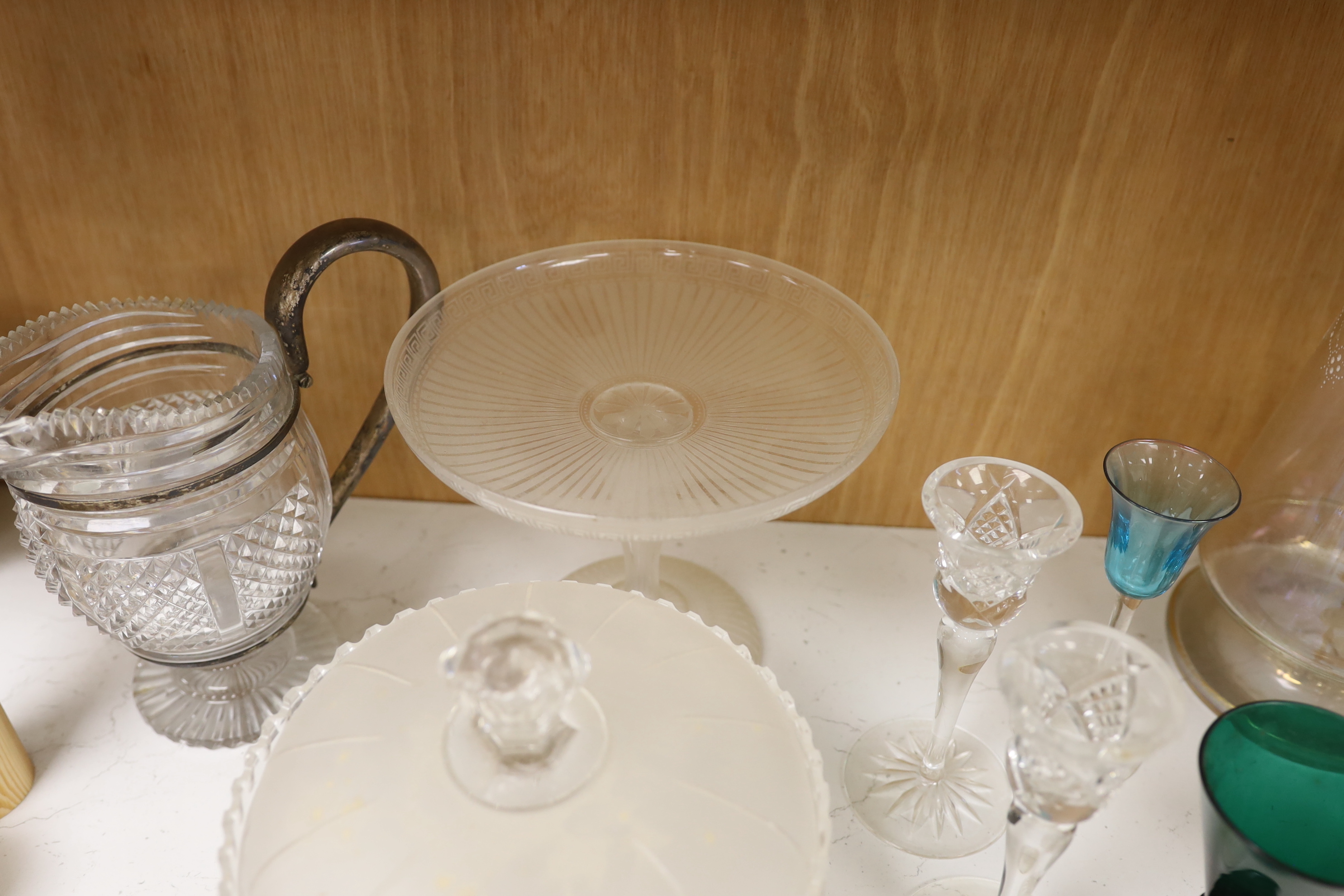 An enamelled glass lemonade set, jug 31cm, a Victorian cut glass jug with plated mounts, etc.